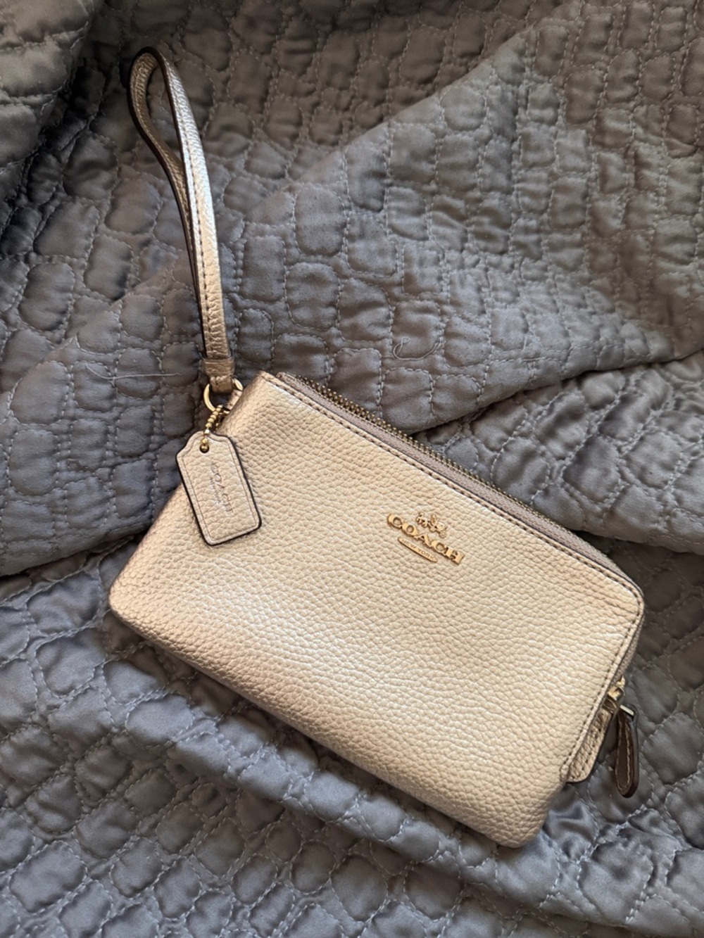 Coach Pebbled Leather Wristlet in Metallic Beige with Gold Hardware